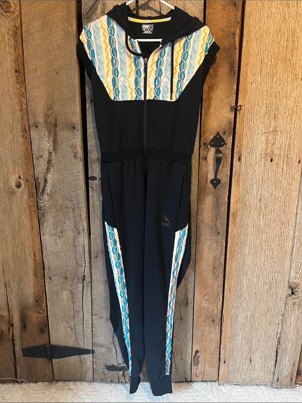 Puma Black Hooded Jumpsuit with Yellow & Teal Accents